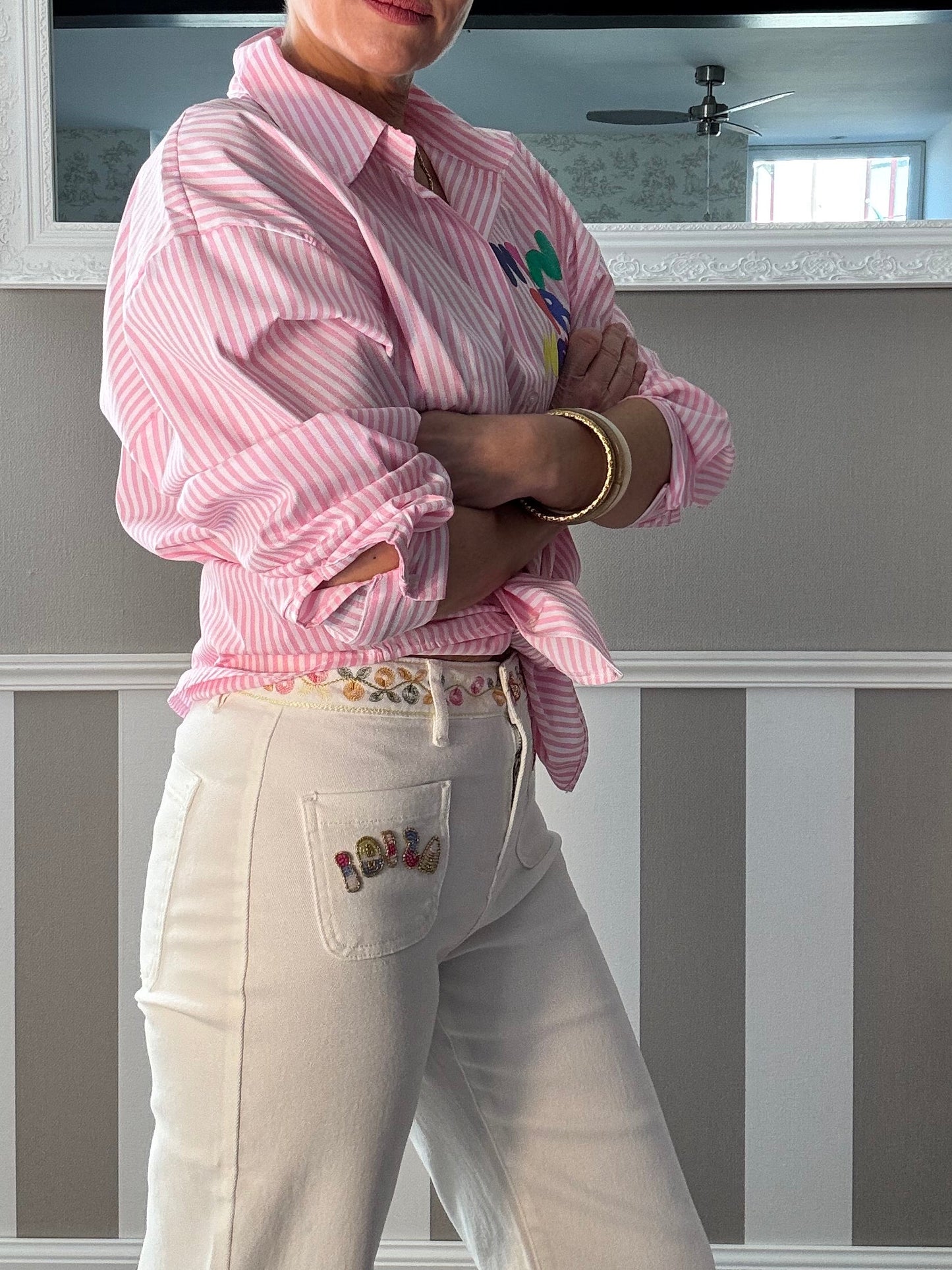 Jean’s blanc à motifs en perles Sun&Ibiza