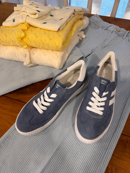 Jeans large bleu marine à rayures blanches