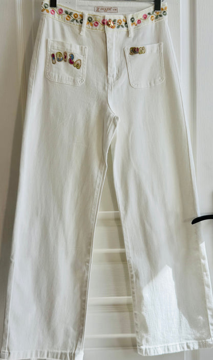 Jean’s blanc à motifs en perles Sun&Ibiza