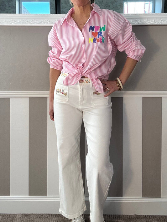 Jean’s blanc à motifs en perles Sun&Ibiza